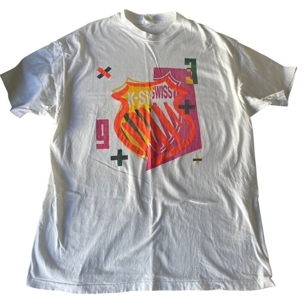 K Swiss Graphic T Shirt X Large White 100% Cotton Vintage‎ 90s Y2K Single Stitch
